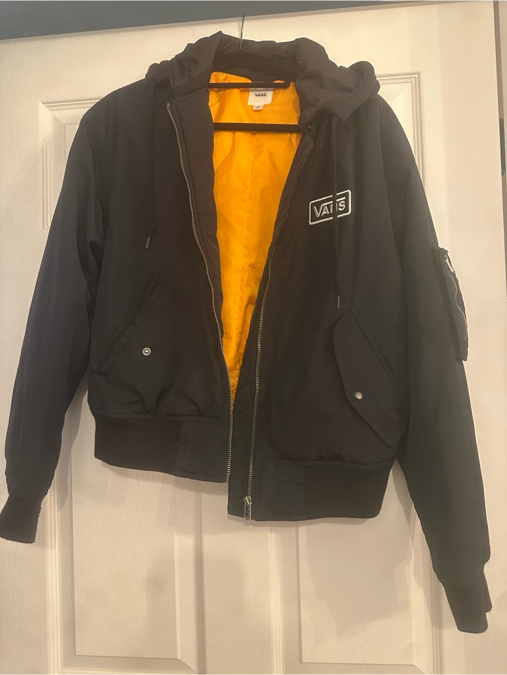 Vans Black Bomber Jacket with Orange Interior and Hood